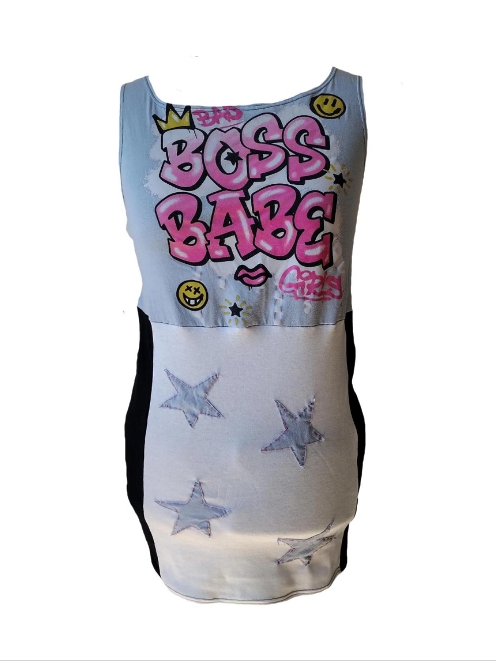 Designer Upcycled Graffiti Graphic Star Patches Knit Dress Women Plus Size 2X 18